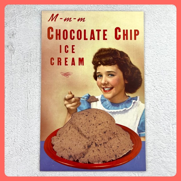 Other - 1950s Ice Cream Vintage Advertising Sign 20" Cardboard Girl Chocolate‎ Chip USA